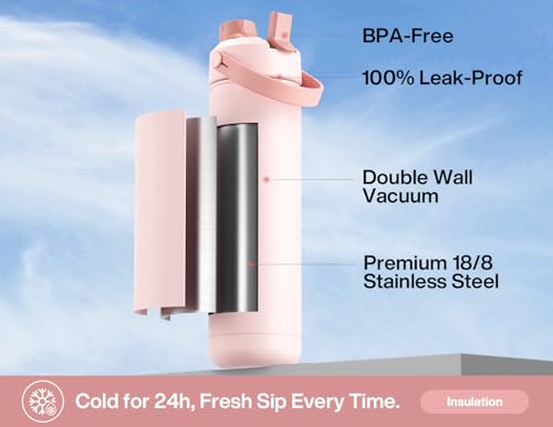 POWCAN 26 oz Insulated Water Bottle with 2-in-1 Straw and Spout Lid, Keep Cold 24H, Leak-Proof, Fits in Car Cup Holder, Stainless Steel Water Bottle for Sports, Travel, and School (Cotton Candy) - photo 2