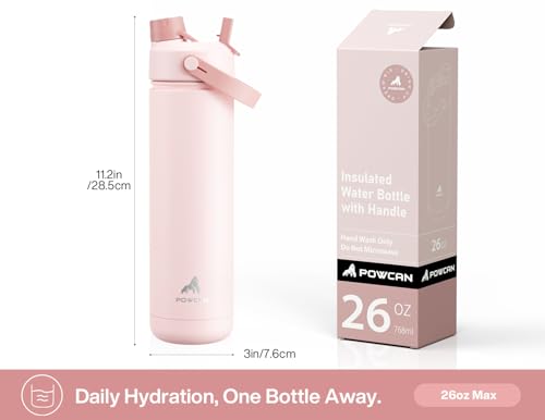 POWCAN 26 oz Insulated Water Bottle with 2-in-1 Straw and Spout Lid, Keep Cold 24H, Leak-Proof, Fits in Car Cup Holder, Stainless Steel Water Bottle for Sports, Travel, and School (Cotton Candy) - photo 6