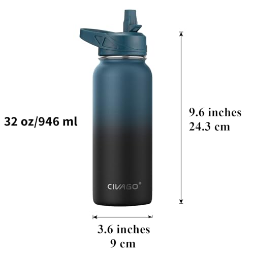 CIVAGO 32 oz Insulated Stainless Steel Water Bottle With Straw and 3 Lids | Large Metal Sports Water Jug, Leakproof Reusable Wide Mouth Thermal Flask Cup with Silicone Boot, BPA-Free, Black - photo 4